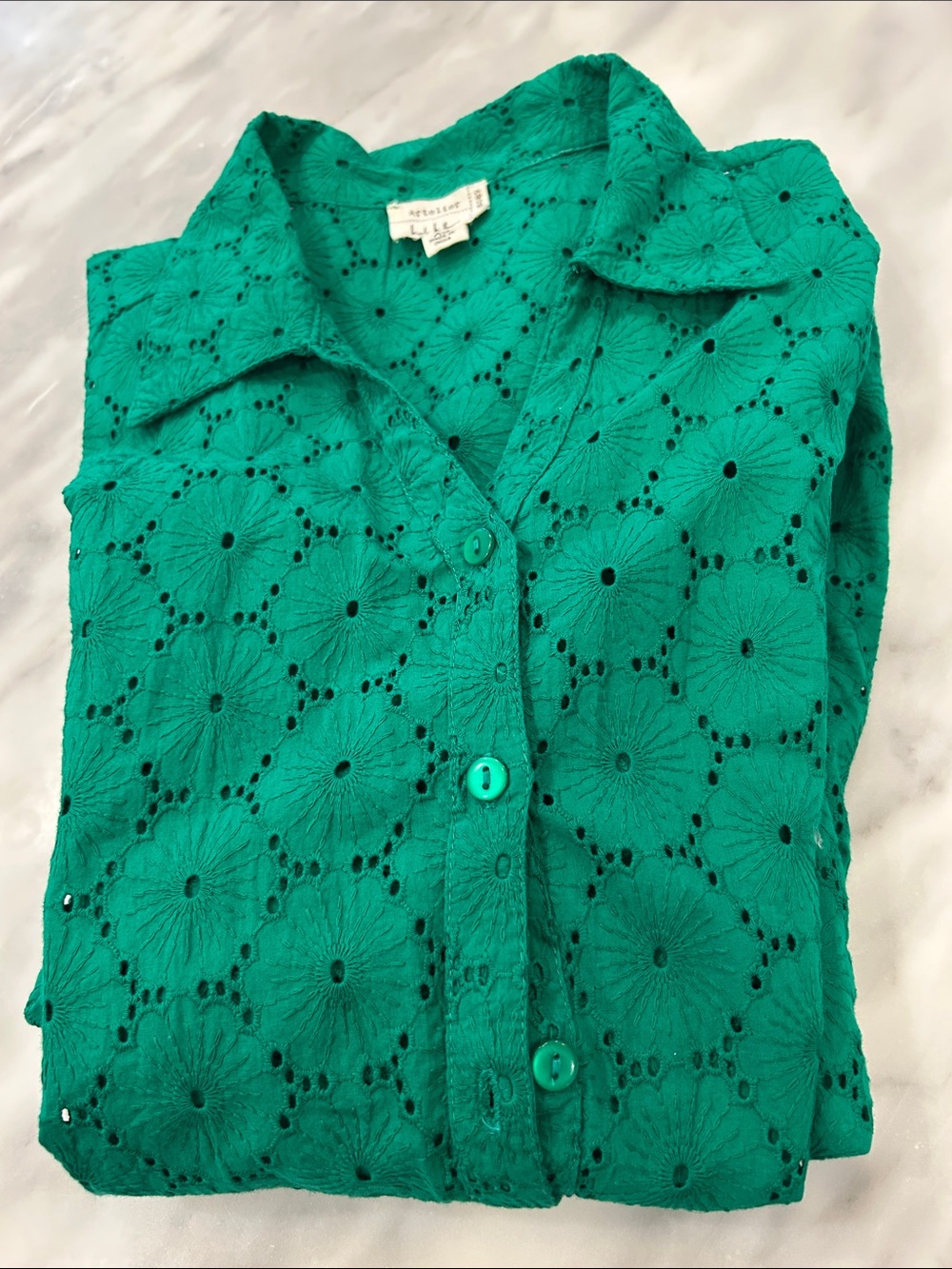Eyelet Button-Down Shirt in Emerald Green